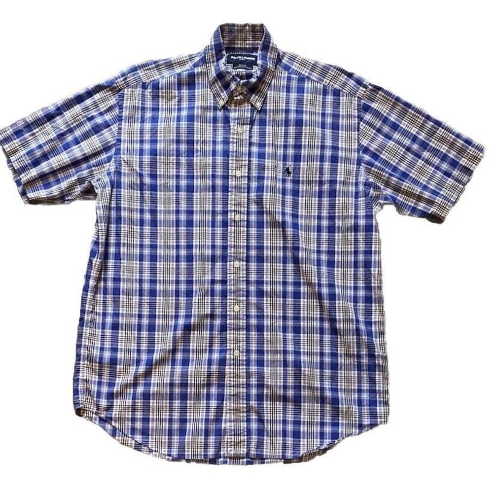 Vintage Ralph Lauren Golf Short‎ Sleeve Button Down Shirt Size Medium Blue Plaid